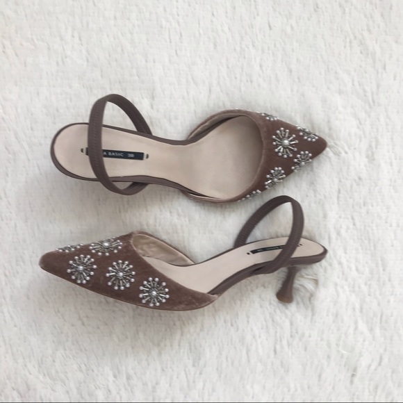Zara Velvet Beaded Pearl Embellished Slingbacks - Picture 7 of 8